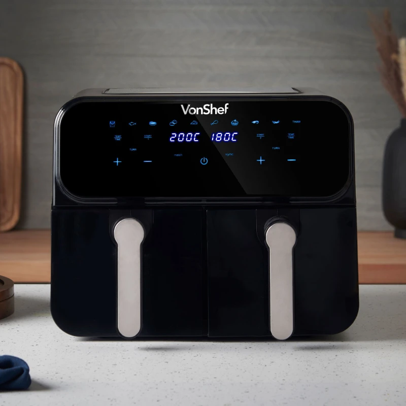Image of VonShef Dual Basket Air Fryer 9L with 2 Silicone Liners Black