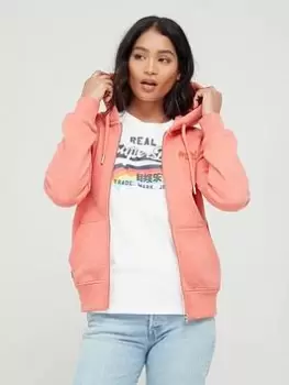 Image of Superdry Vintage Logo Embroidered Zip Hoodie - Pink, Size 8, Women