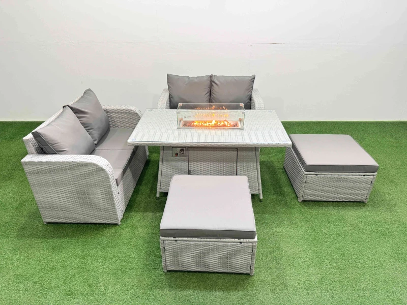 Image of Fimous 6 Seater Outdoor Love Sofa Set Rattan Garden Furniture Set with Firepit Dining Table 2 Footstool Light Grey Light Grey