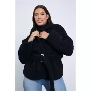 Image of I Saw It First Black Belted Shawl Collar Borg Coat With Button Cuff Detail - Black