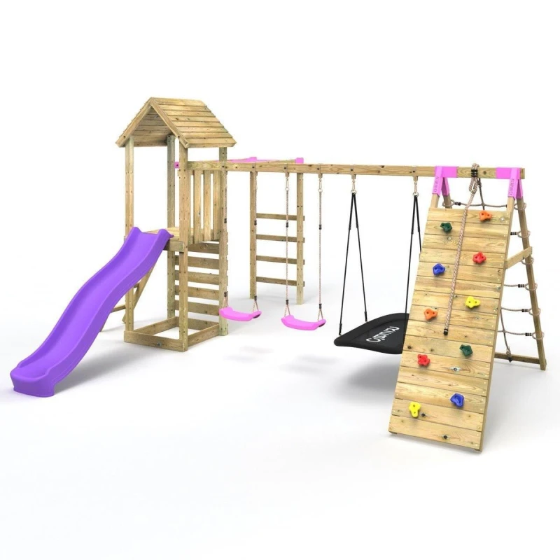 Image of Rebo Wooden Climbing Frame with Swing, Climbing Wall, Monkeybars and Slide - Pyrennes Pink Pink
