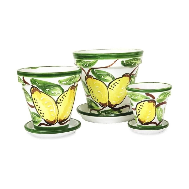 Image of Verano Spanish Ceramics Lemons Hand Painted Set of 3 Classic Plant Pots & Drainage Plates (D) 16-29cm Multi
