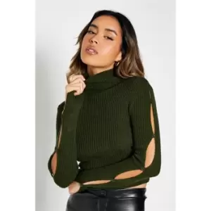Image of I Saw It First Roll Neck Button Up Sleeve Knit Crop Top - Green