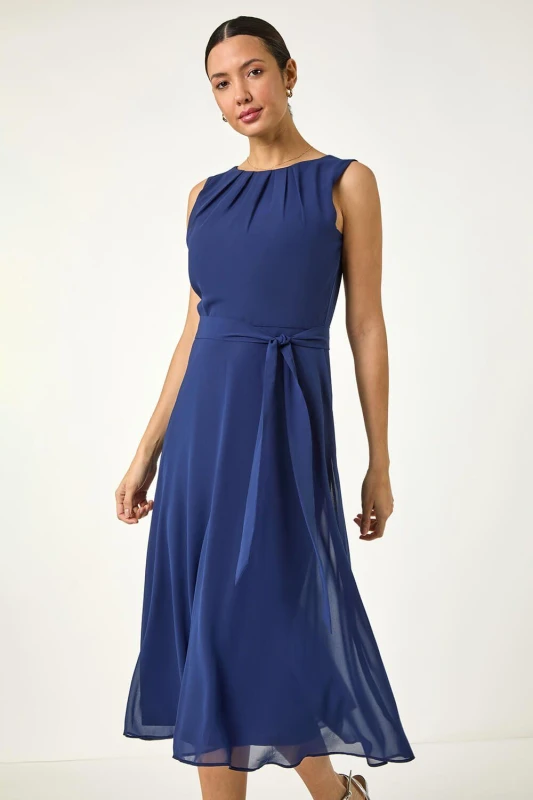 Image of Roman Womens Chiffon Pleated Neck Midi Dress in Navy Size: 12 Navy Female 12