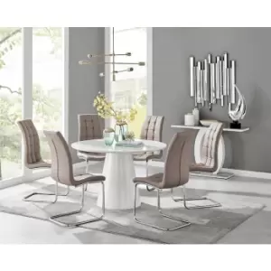 Image of Furniturebox Palma White High Gloss 6 Seat Minimalist Post Modern Round Dining Table & 6 Cappuccino Murano Faux Leather Chairs