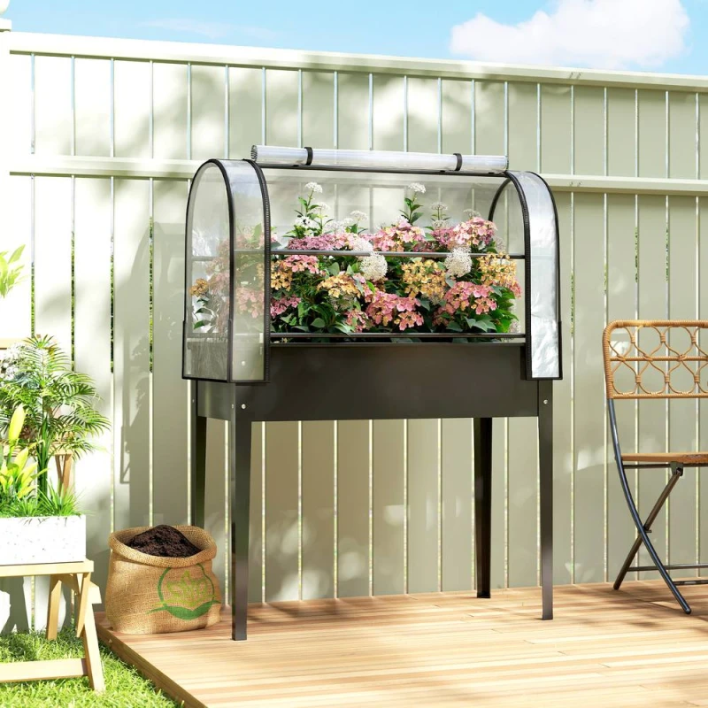 Image of OUTSUNNY Metal Raised Planter with Flip-Up Greenhouse, Drainage Hole, Black Unisex