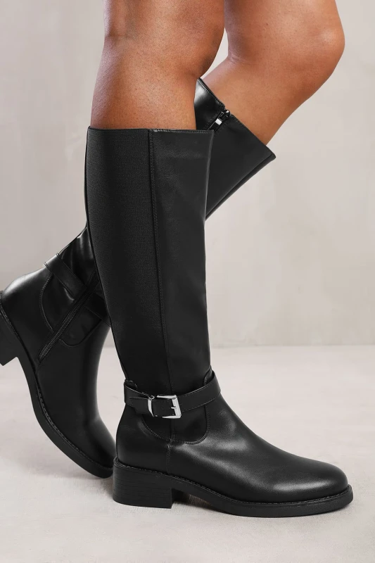 Image of Where's That From Womens 'Bode' Knee High Boots With Buckle Detail in Black Size: 8 Black Female 8
