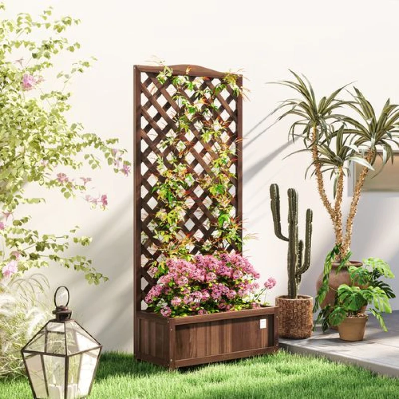 Image of Outsunny Garden Wooden Planter Box with Trellis Flower Raised Bed Dark Brown