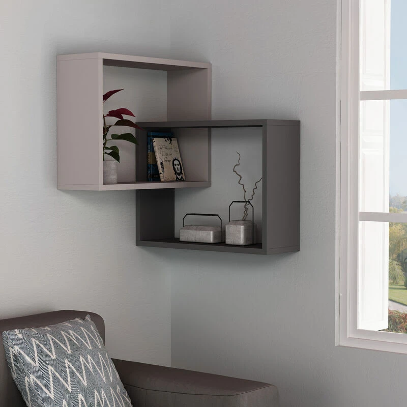 Image of DECORTIE Ring Corner Wall Mounted Modern Bookcase Display Unit Mocha Grey Anthracite Grey w 60cm Medium - Anthracite Grey - Decortie M.KT.01.12705.10