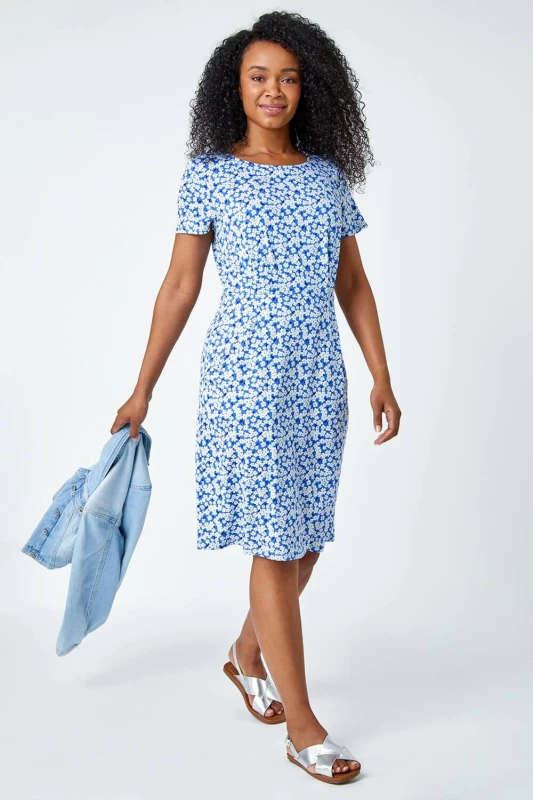 Image of Roman Womens Ditsy Floral Pocket Stretch Dress in Blue Size: 12 Blue Female 12