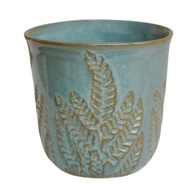 Image of Ivyline Kew Embossed Fern Planter - Ceramic - L22.5 X W22.5 X H21.5cm - Teal