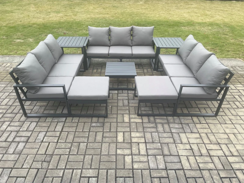 Image of Fimous Aluminium Outdoor Garden Furniture Set Patio Lounge Sofa with Square Coffee Table 2 Side Tables 2 Big Footstools Conservatory Set in Dark Grey