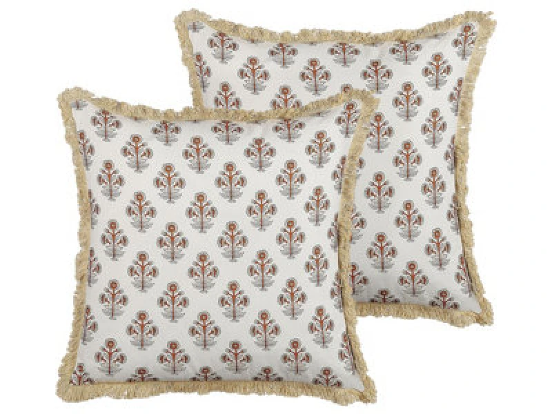 Image of Beliani Set Of 2 Decorative Cushions Omorika Cotton 45 X 45cm White Floral Pattern