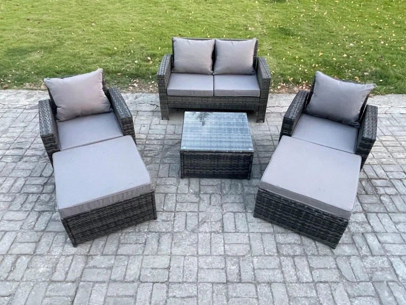 Image of Fimous 6 Seater Rattan Outdoor Garden Furniture Sofa Set Table & Chairs with 2 Big Footstool Dark Grey Mixed Dark Grey Unisex