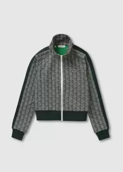 Image of Lacoste Womens Regular Fit Monogram Print Zip Sweatshirt Size 8 Green / Beige