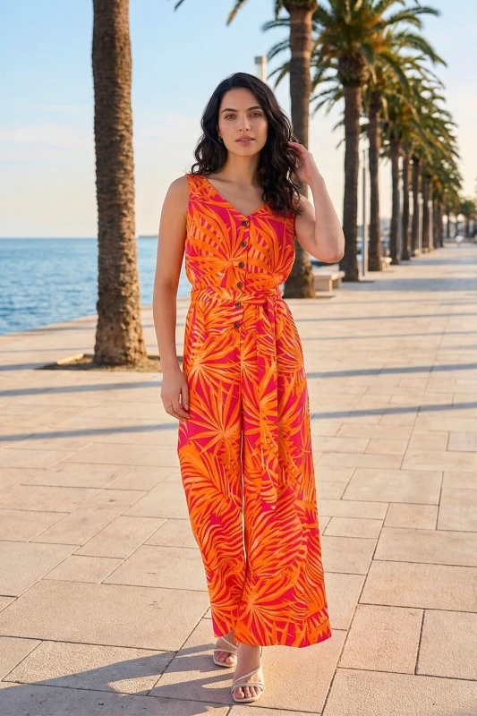 Image of Dusk Womens Palm Print Belted Jumpsuit in Orange Size: 12 Orange Female 12