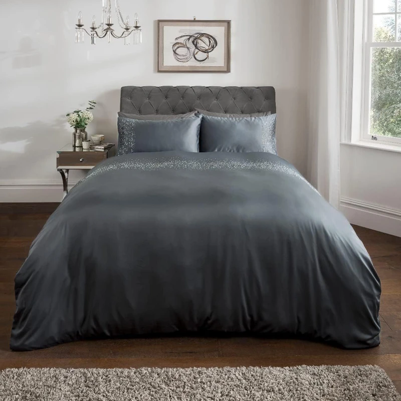 Image of Smart Living Smart Living Luxury Hotel Quality Diamonte Embellished Duvet Cover with Pillowcases in Charcoal Size: Double Charcoal Double Unisex 505
