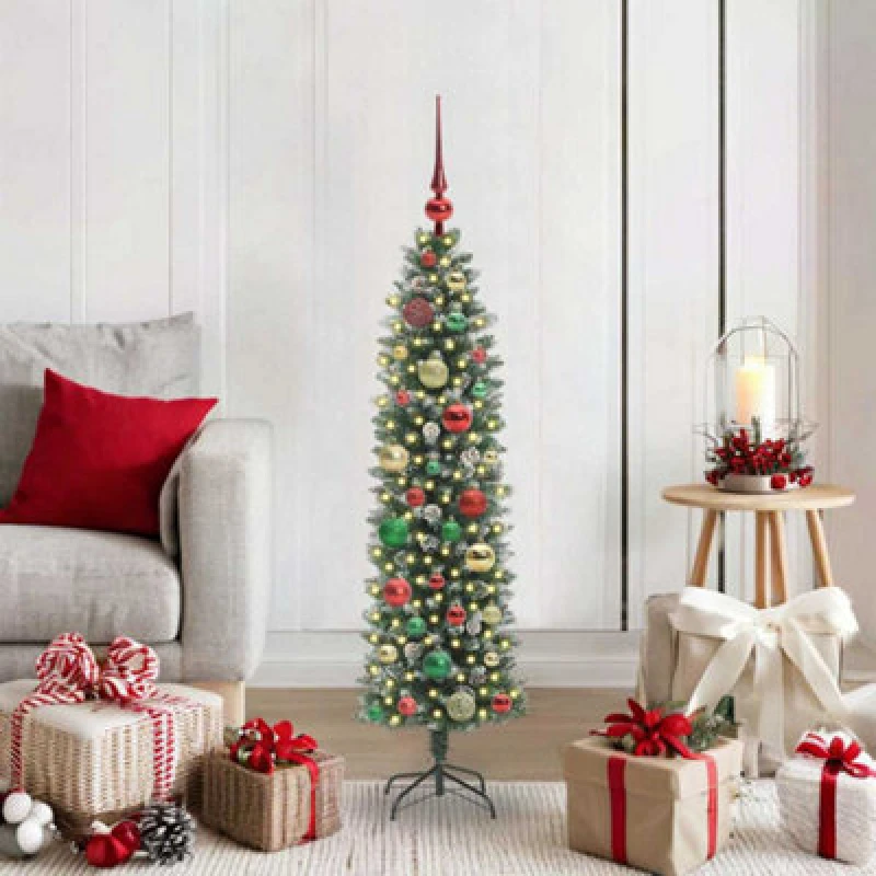 Image of vidaXL Artificial Slim Christmas Tree with Multicolour Balls Green and white 120 cm, Green 3395277