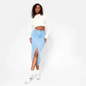 Image of I Saw It First Split Hem Denim Midi Skirt - Blue