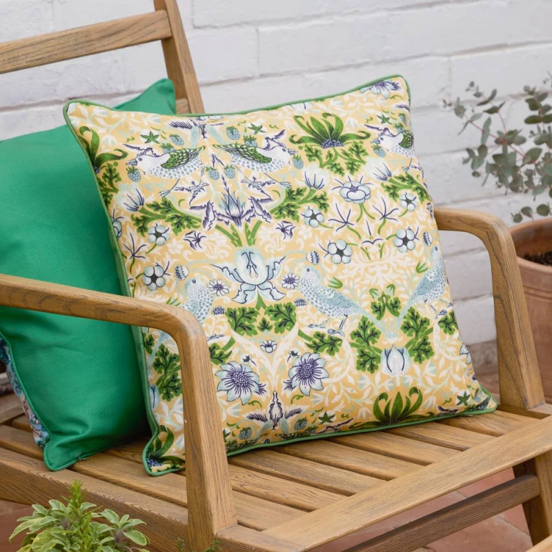 Image of Morris & Co Strawberry Thief Piped Outdoor Cushion in Yellow Size: 50cm x 50cm Yellow Unisex 50cm x 50 cm