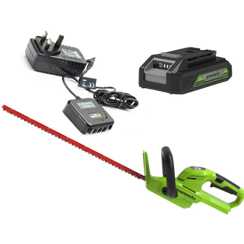 Image of Greenworks 56cm Hedge Trimmer with Twist Handle, 2.0Ah Battery & 0.5A Charger