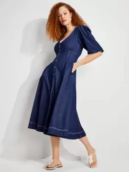 Image of Denim Button-Front Dress - Indigo. - 10