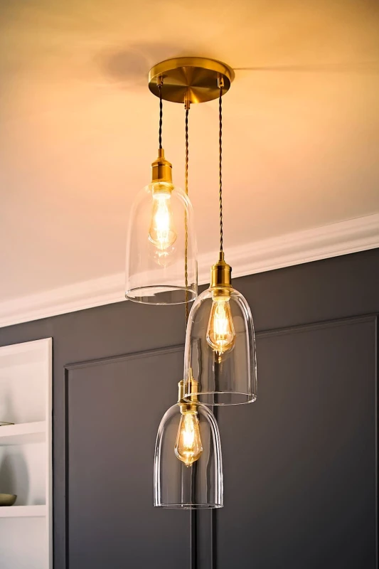 Image of ValueLights ValueLights Kira Glass Cloche Dome 3 Drop Cluster Ceiling Pendant Light with LED Bulbs in Gold Gold One Size Unisex 5059406063763
