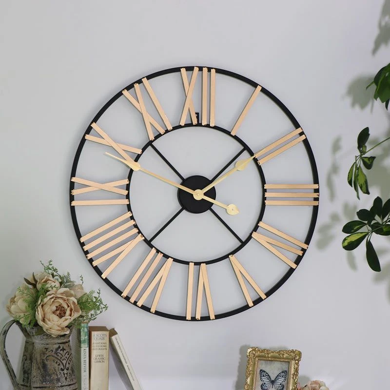 Image of Melody Maison Black And Gold Large Skeleton Wall Clock 60cm X 60cm Black