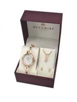 Image of Accurist White Crystal Set Dial Rose Gold Stainless Steel Half Bangle Ladies Watch With Matching Necklace And Earrings Gift Set