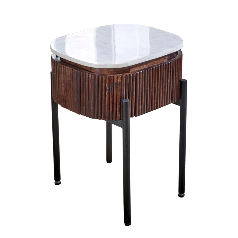 Image of Indian Hub Opal Mango Wood Bedside Table With Marble Top & Metal Legs