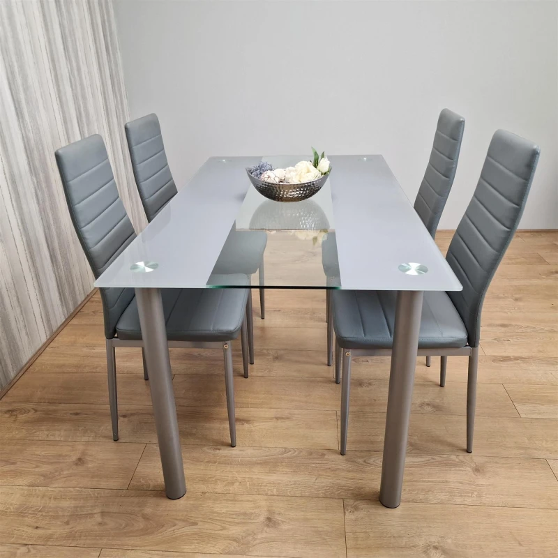 Image of KOSY KOALA Dining Table and 4 Chairs Grey Clear Glass 4 Leather Grey Chairs Dining Room Furniture Grey clear 120 + 4 grey metal
