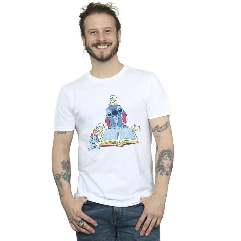 Image of Disney Men Lilo & Stitch Reading A Book T-Shirt in White Size: Small White S Male 5063153495289