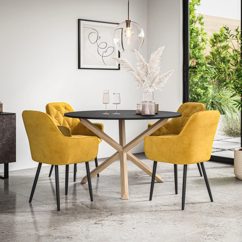 Image of More4Homes Malvern Round Dining Table And Chairs - Black Table Top W Solid Oak Legs + Anika Velvet Dining Chair Set Of 4 (Mustard)