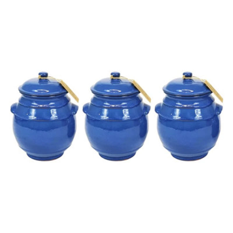 Image of Verano Spanish Ceramics Selena Fully Dipped Ceramic Kitchen Storage Jar w/ Lid H 15cm Set of 3 in Blue Blue Unisex