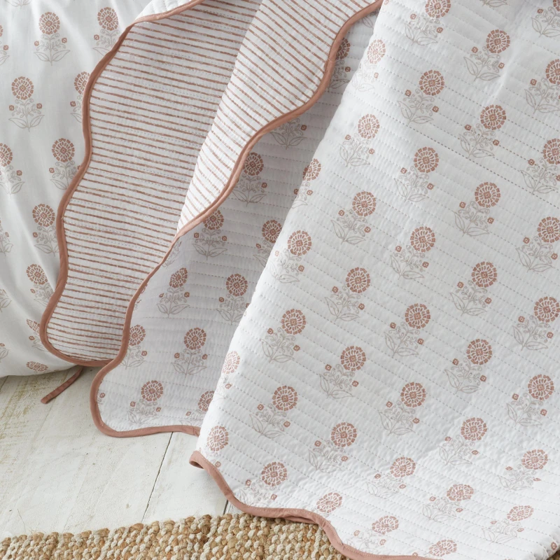 Image of Pineapple Elephant Woodblock Floral Quilted 220cm x 230cm Bedspread Set Clay