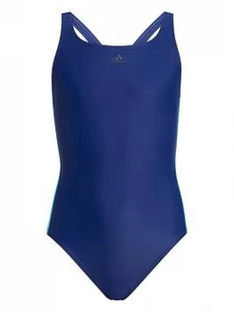 Image of adidas Junior Girls Fit 3-Stripes Swimsuit - Blue Size 7-8 Years, Women