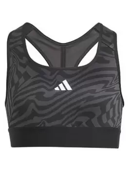 Image of adidas Junior Girls Train Icons Printed Bra - Medium Support - Black, Size 9-10 Years, Women