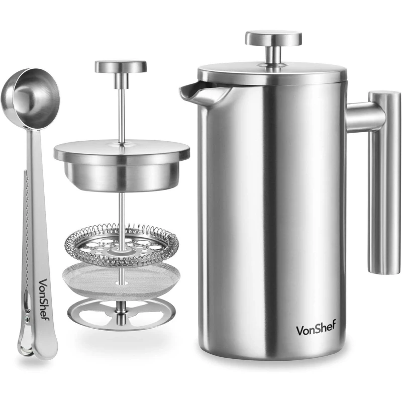 Image of VonShef 6 Cup Cafetiere, Stainless Steel 800ml Silver unisex One Size