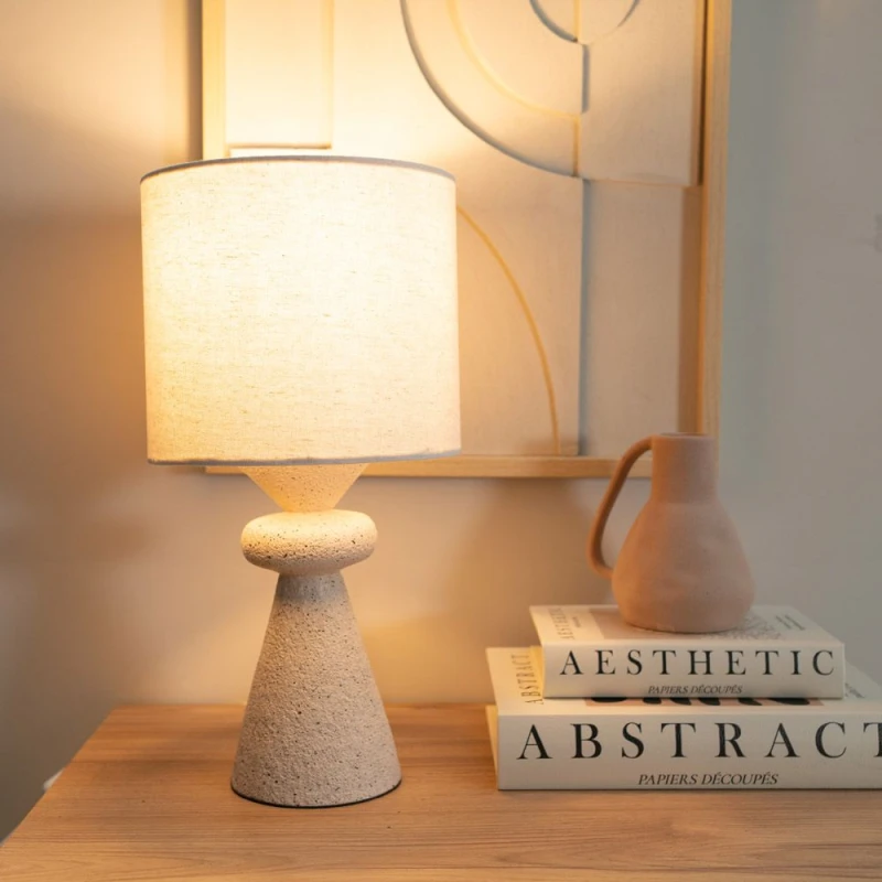 Image of ValueLights Cady Pair of Stone Effect Natural Table Lamp with Drum Shade Cream