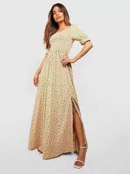 Image of Boohoo Ditsy Square Neck Shirred Maxi Dress - Cream, Size 14, Women