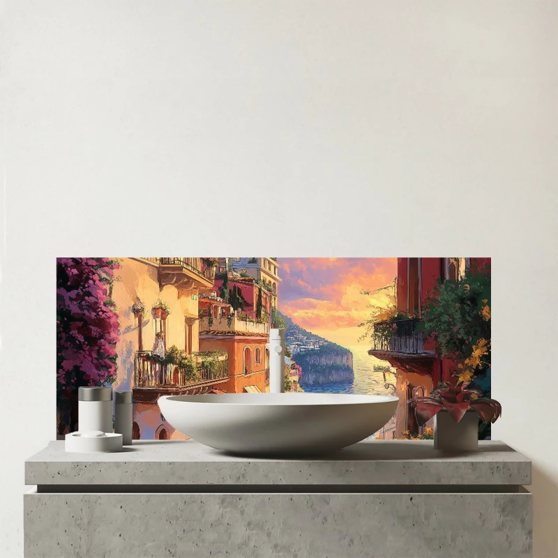 Image of Warren Reed - Designer Sunset Walk In Sorrento Glass Bathroom Splashback Multicolor Unisex