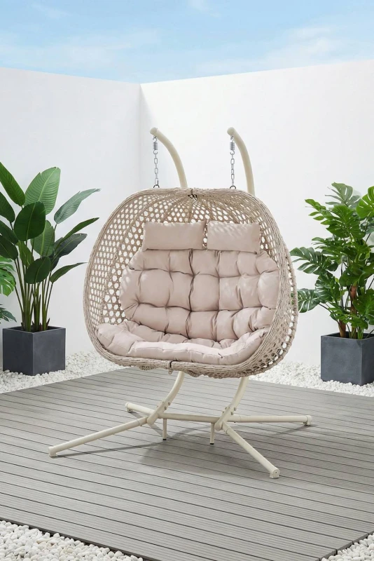 Image of More4Homes Sicily Double Hanging Rattan Egg Chair In Beige