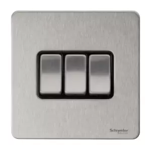 Image of Schneider Electric Ultimate Screwless Flat Plate - 3 Gang Rocker 2 Way Light Switch, Single Pole, 16AX, GU1432BSS, Stainless Steel with Black Insert
