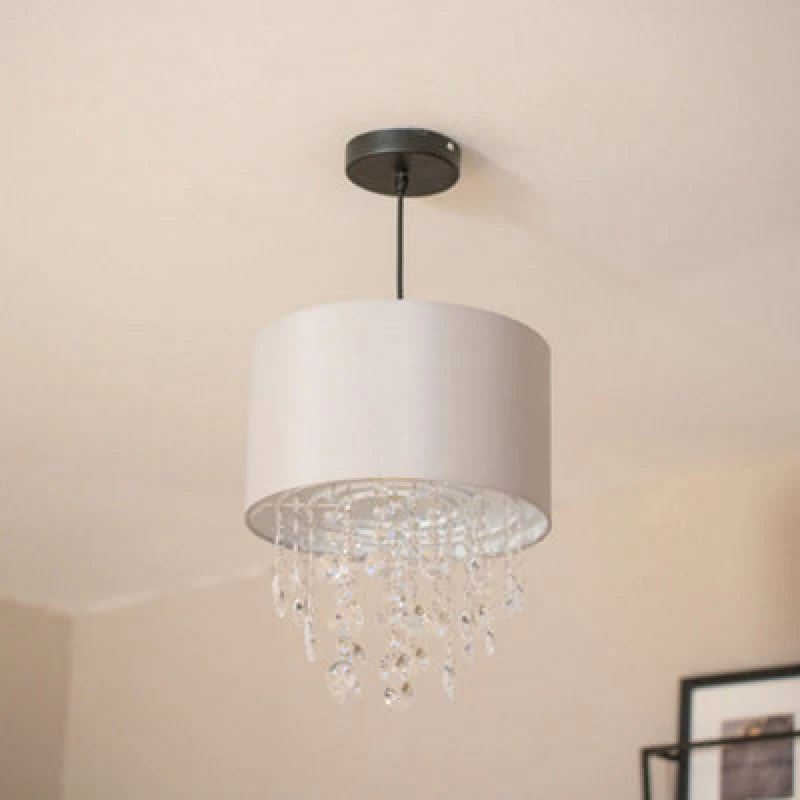 Image of ValueLights Lulu Grey Easy Fit Fabric Lampshade With Acrylic Jewel Bead Droplets Grey