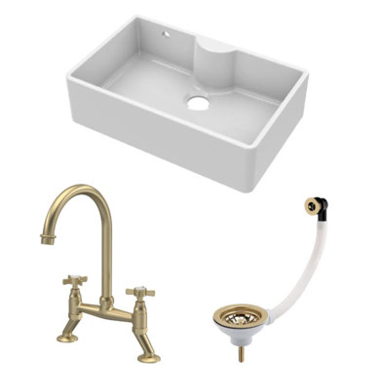 Image of Balterley Fireclay 1 Bowl Butler Sink Overflow Waste Tap Brushed Brass 795mm White unisex