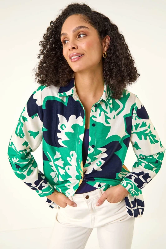 Image of Roman Womens Border Print Buttoned Shirt Size: 12 Multicolor Female 12