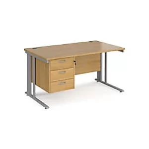 Image of Rectangular Straight Desk Oak Wood Cantilever Legs Silver Maestro 25 1400 x 800 x 725mm 3 Drawer Pedestal