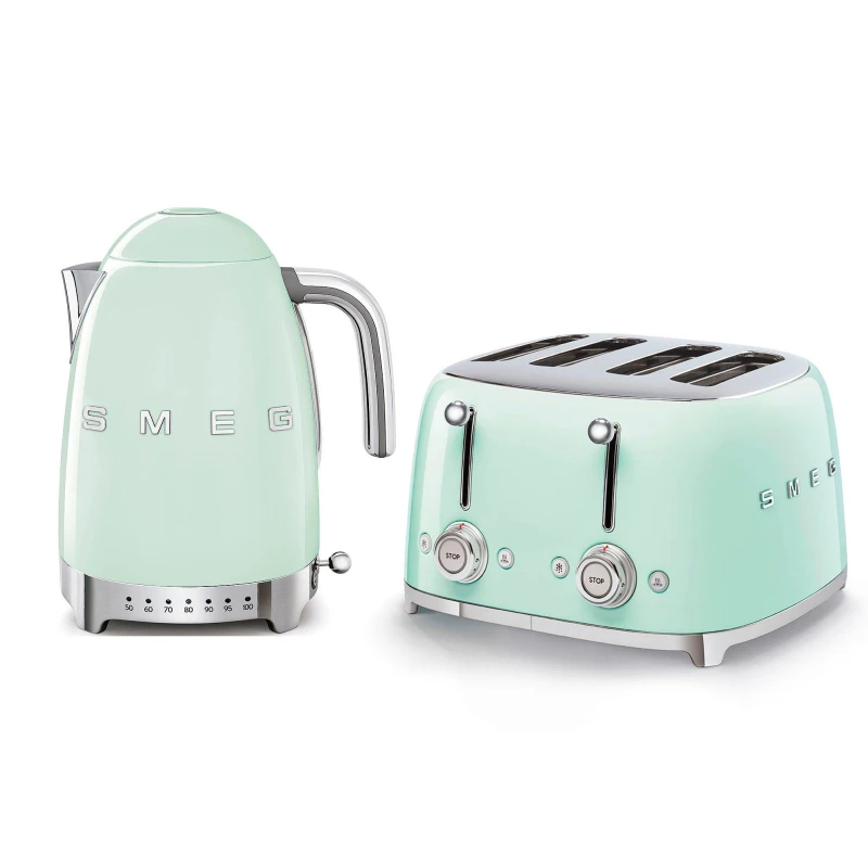 Image of Smeg Smeg 1.7L 3Kw Variable Temperature Jug Kettle & 4 Slice Toaster Set Pastel Green in Light Green Light Green One Size Unisex 5056032970670