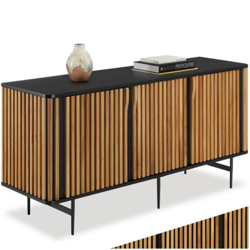 Image of Tectake Sideboard Lineo, Slatted Design, 3 Cabinet Compartments, Solid Wood Lineo - Black/brown