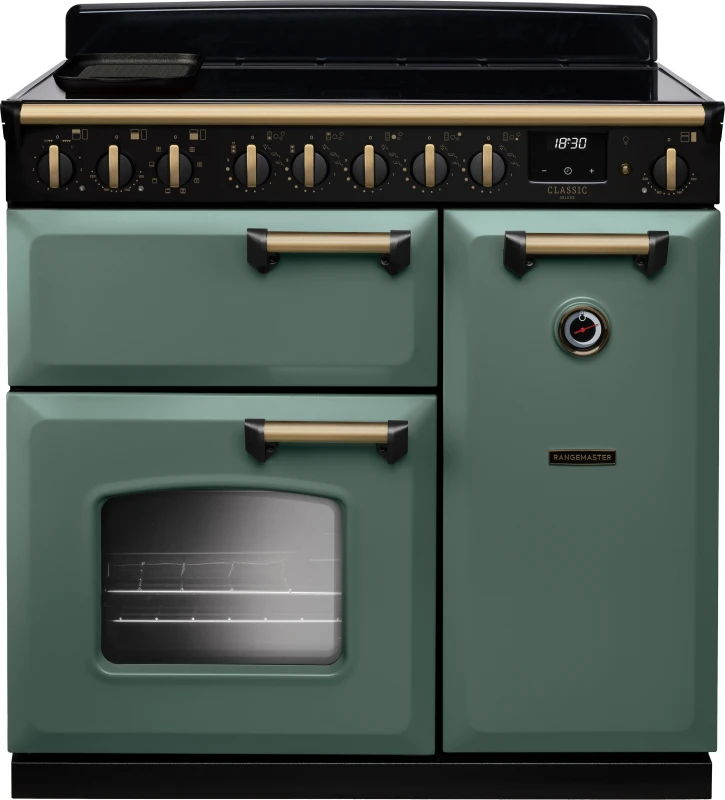 Image of Rangemaster CLDL90EIPMGR/AB1 Classic Deluxe 90cm Induction Range Cooker Antique Brass Trim 18278 - MINERAL GREEN CLDL90EIPMGR/AB1